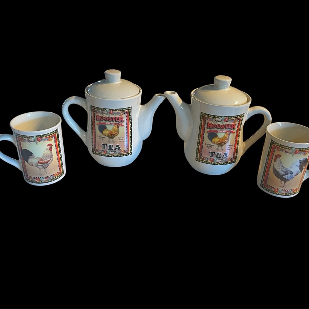 Vintage Bay Island Inc. Rooster Tea Set with 2 teapots and 2 coffee cups